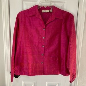 ANU by Natural Slubby Iridescent Pink 100% Silk Blouse Shirt Jacket L Button Up